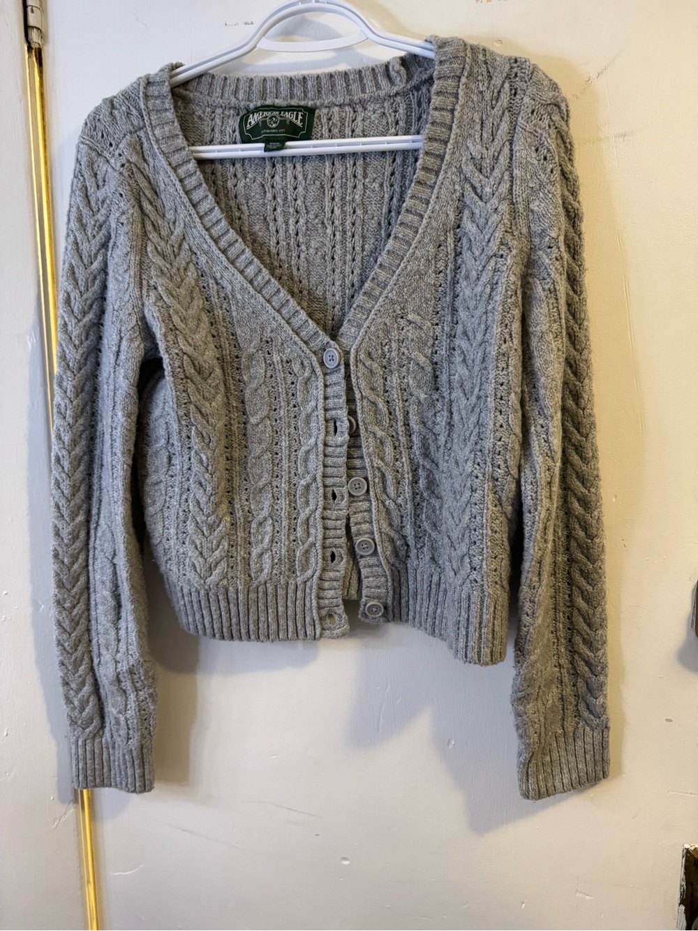 American Eagle Outfitters Light Gray Cable Knit V-Neck Button Cardigan